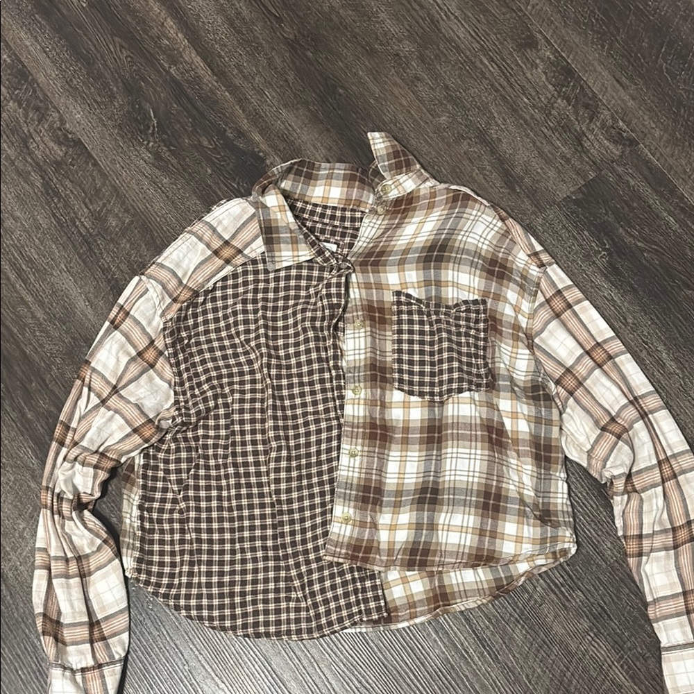 American Eagle Brown Plaid Patchwork Shirt